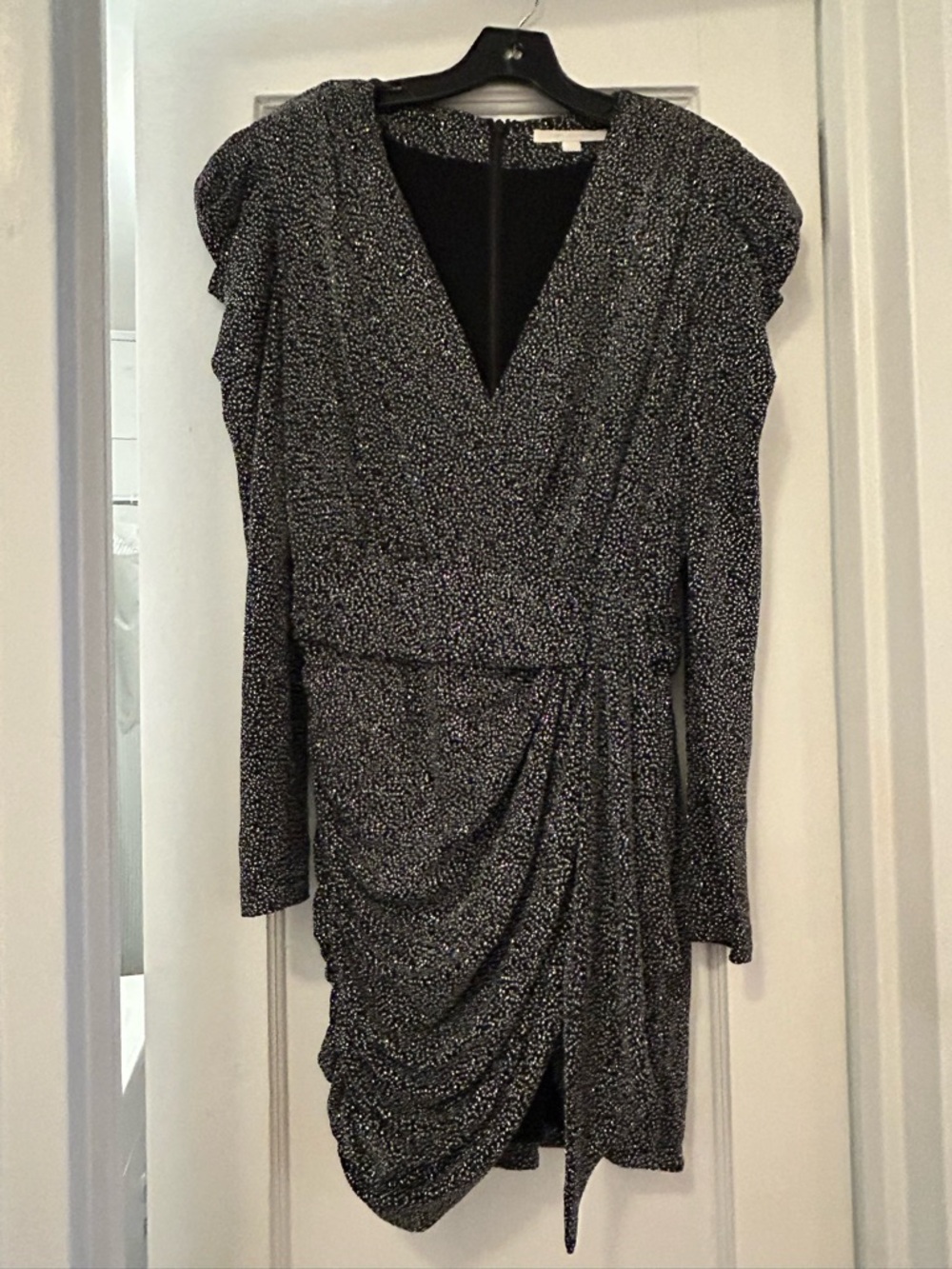 Jonathan Simkhai Black Sparkle V-Neck Long Sleeve Draped Mini